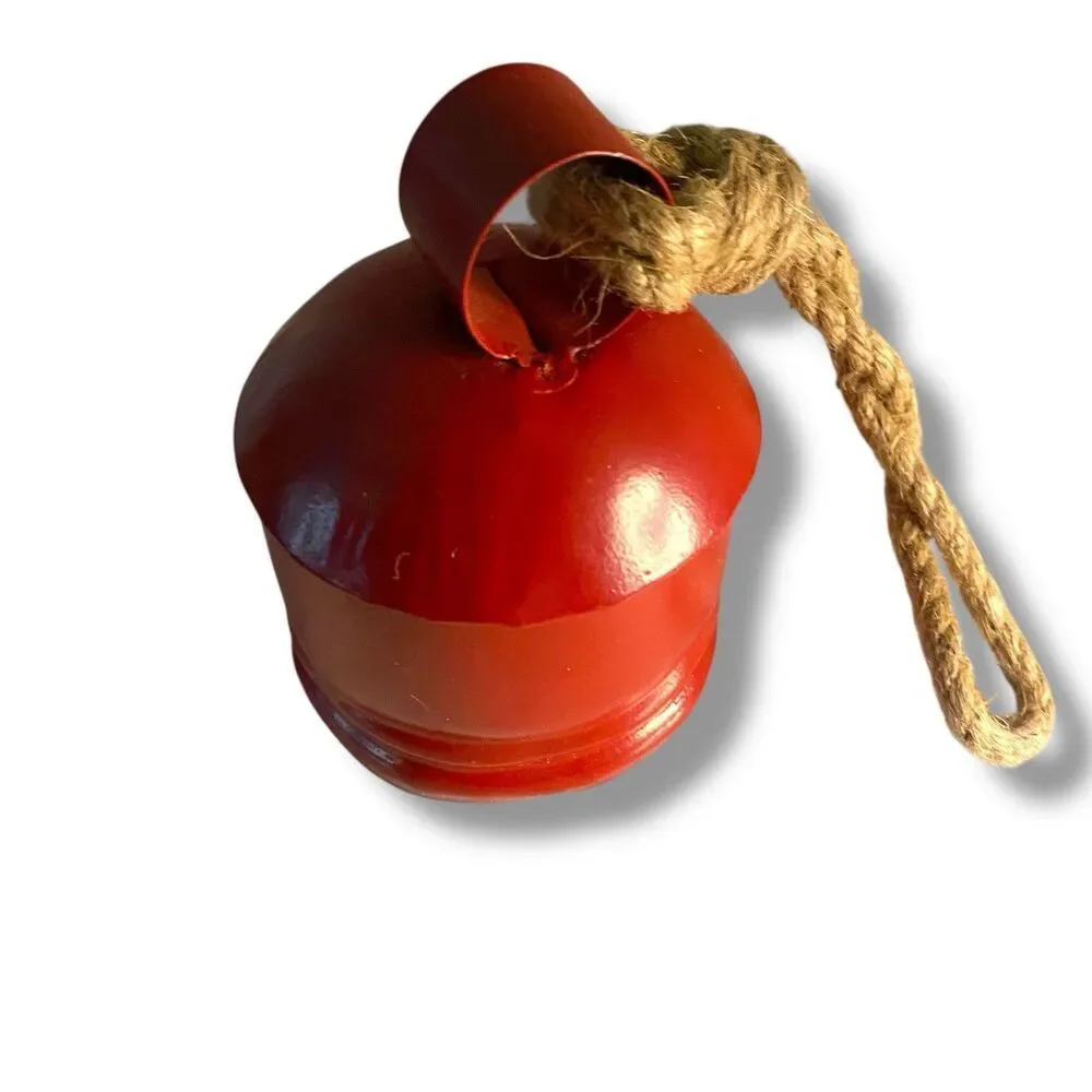 Red Metal Tibetan Inspired Cylindrical Decorative Cow Bells Set of 3 Wood Strike